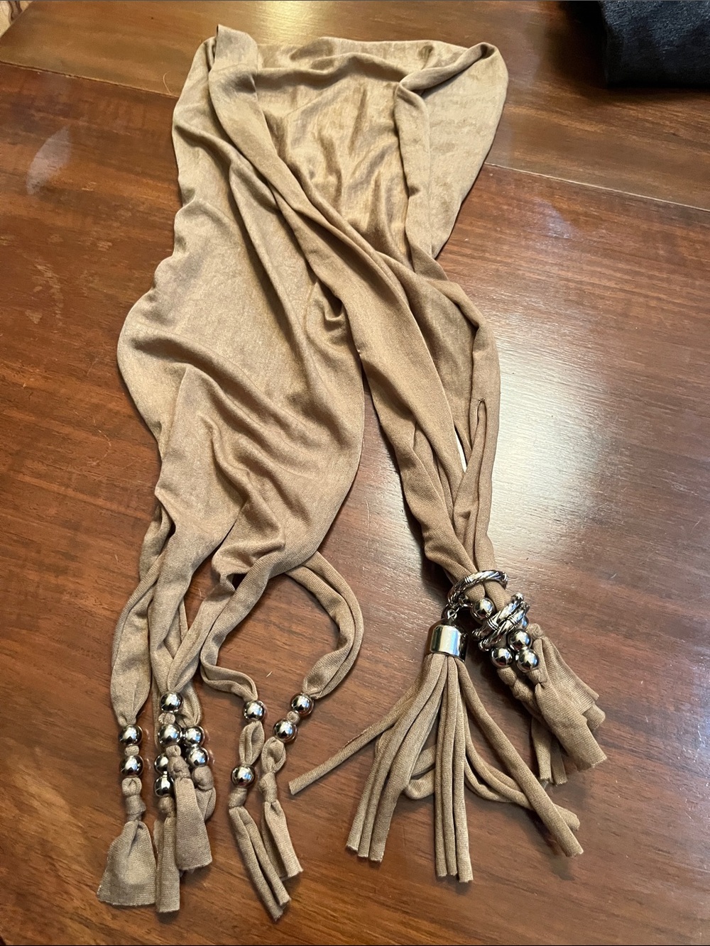 Neutral Brown Scarf with Silver Bead Tassels - Women Accessories